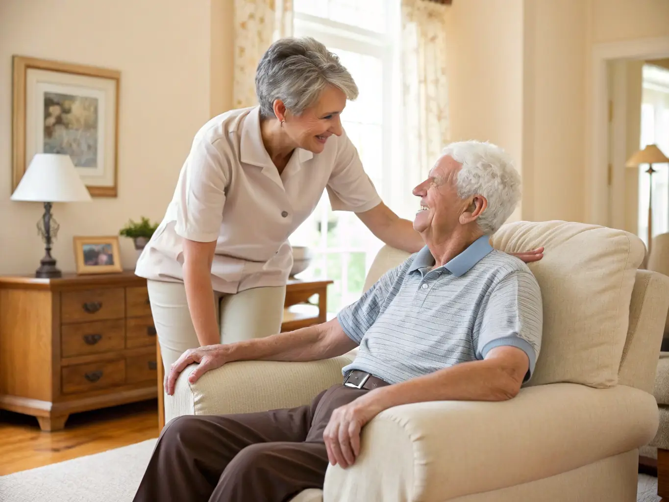 A specialized caregiver providing gentle and attentive care to a senior with dementia, creating a safe and supportive environment.