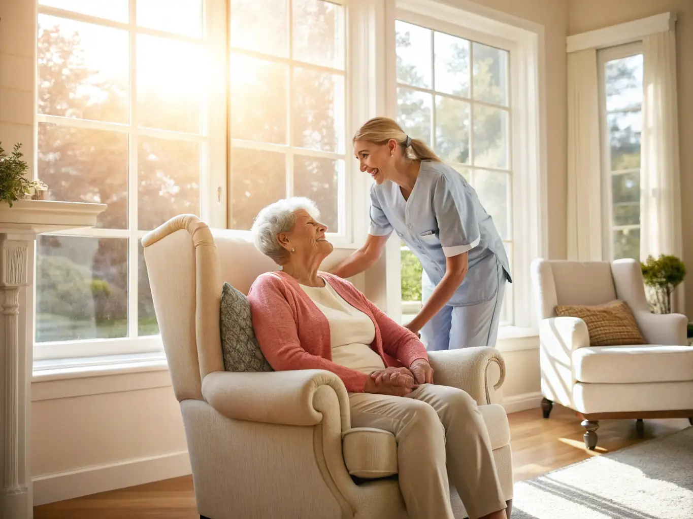 A friendly caregiver engaging in a lively conversation with a senior, sharing stories and laughter in a cozy living room setting.