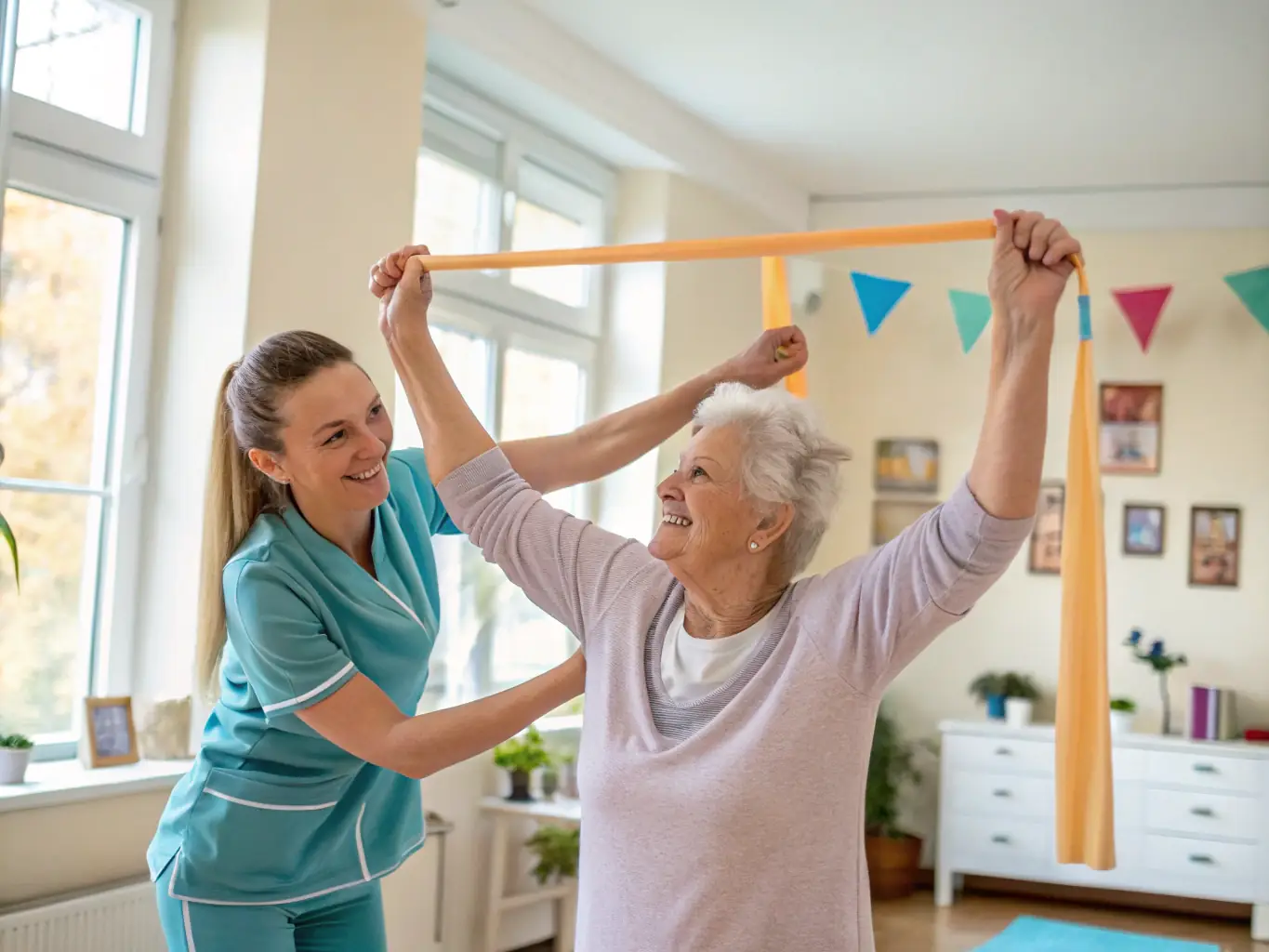 A compassionate caregiver assisting a senior with gentle exercises in a sunlit living room, promoting mobility and well-being.